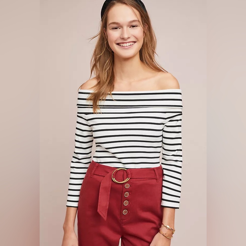 Anthropologie Rosiers Off the Shoulder Black and White Striped Top-Size XS